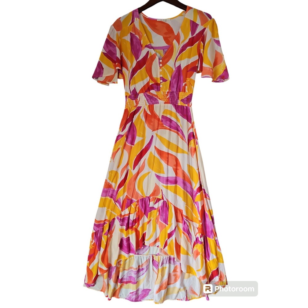 Abel the Label ATL Maxi Hi Low V Neck Short Sleeve Colorful Dress‎ Size XS